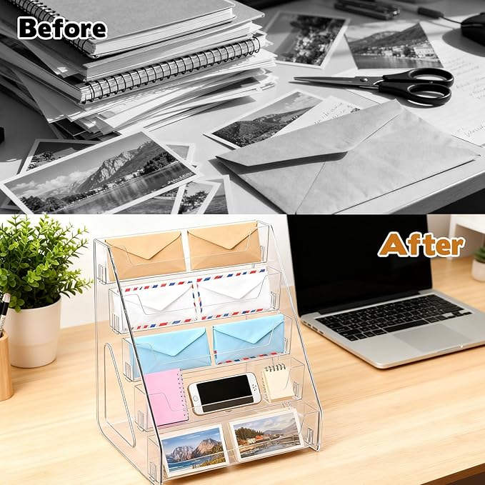 5-Tier Mail Organizer Countertop Laddered Acrylic File Mail Desktop Organizer Sorters Clear Letter Holder Multifunctional Desk File Storage Holders Envelope Folder Racks for Office Home School