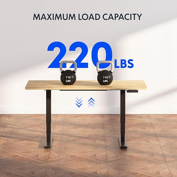 FlexiSpot E6 Solid Wood 3-Stage Dual Motor 48 x 24 Electric Standing Desk, Holds 220 lbs, Adjustable Height w/ Memory Presets, Butcher Block Rubberwood Desktop & Black Frame, Ships in 2 Boxes