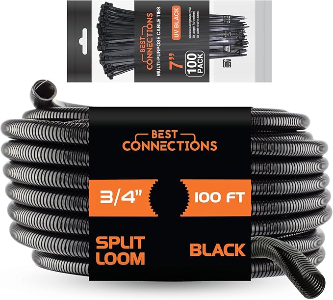 BEST CONNECTIONS 100 Ft – 3/4" Diameter Split Wire Loom Flex-Guard Convoluted Tubing with 100 Pcs 7" Nylon Cable Zip Ties Protective Split Cable Sleeves for Automotive Home Electrical Wires Black