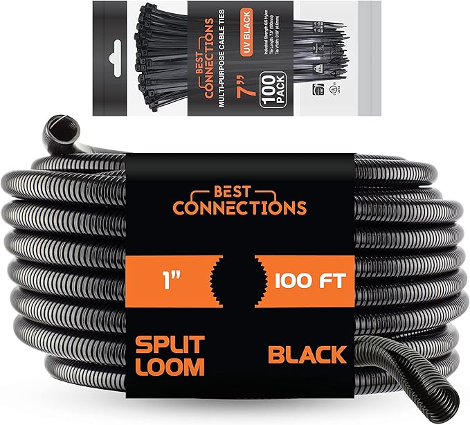 BEST CONNECTIONS 100 Ft – 1" Diameter Split Wire Loom Flex-Guard Convoluted Tubing with 100 Pcs x 7" Nylon Cable Zip Ties – Protective Split Cable Sleeves for Automotive Home Electrical Wires – Black