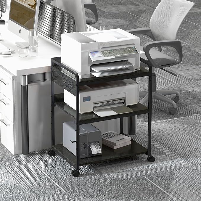 Livofloral Printer Stands with Charging Station, 25.2 x 18.9 Inch Large Printer Stand with Wheels for Home Office, 3 Tier Printer Table with Power Outlet USB Port, Printer Shredder Stand, Black