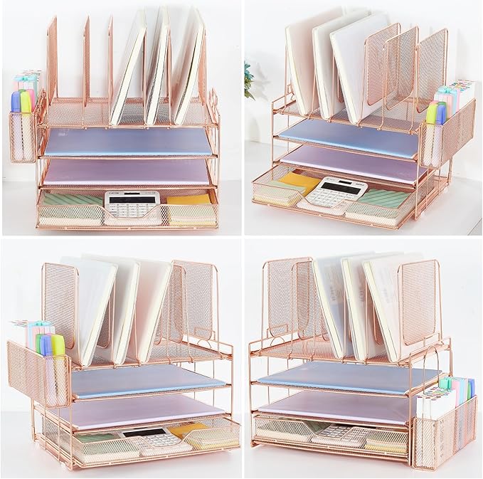 Desk Organizers and Accessories, 3-Tier Paper Organizer with 5 Vertical File Holders, File Organizer for Desk (Rose Gold With Drawer, 3T With Drawer)