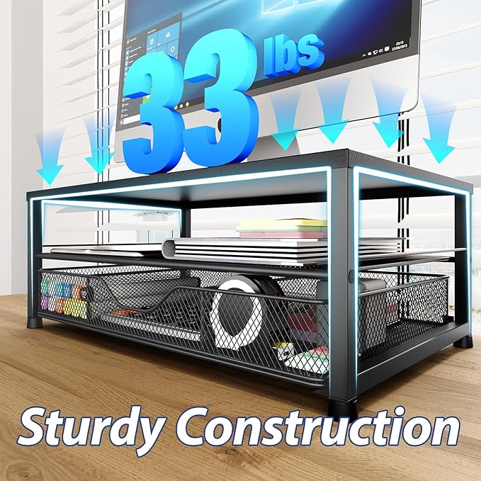 OPNICE Desk Organizer and Accessories, 2-Tier Computer Monitor Stand Riser with Drawer and 2 Pen Holders, Laptop Stand, Office Desk Accessories for Office Supplies, Black