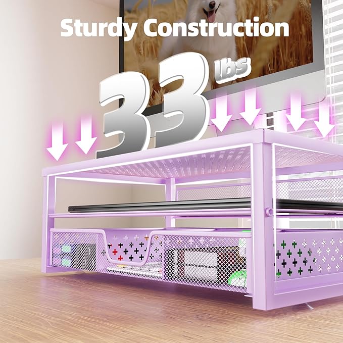 Simple Trending Metal Monitor Stand Riser and Computer Desk Organizer with Drawer for Laptop, Computer, iMac, Purple