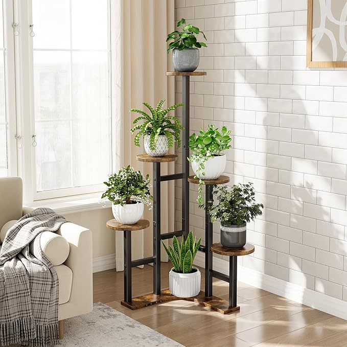 Corner Plant Stand Indoor, 6 Tiered Corner Plant Shelf Flower Stand for Multiple Plants, Plant Shelves Organizer Rack for Living Room, Balcony, Patio, Garden, Round Rustic Brown