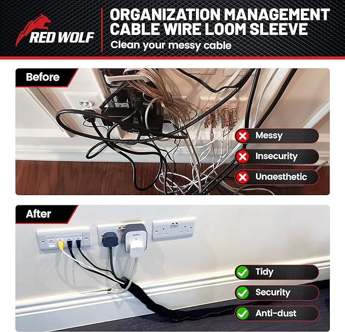 RED WOLF Braided Wire Cable Sleeve Split Wiring Sleeving 10 Feet - 1/2" Flexible Self-Wrap for Automotive Computer Cable Cord Management Cover Protector, Anti-Scratch High-Temperature Black