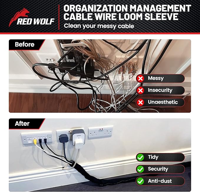 RED WOLF 10 Feet - 3/4" Split Cable Sleeves Cord Management Braided Wire Loom Sleeving Protector Wiring Cable Cover Flexible Self-Wrap for Automotive Home Office Anti-Scratch High-Temperature Black