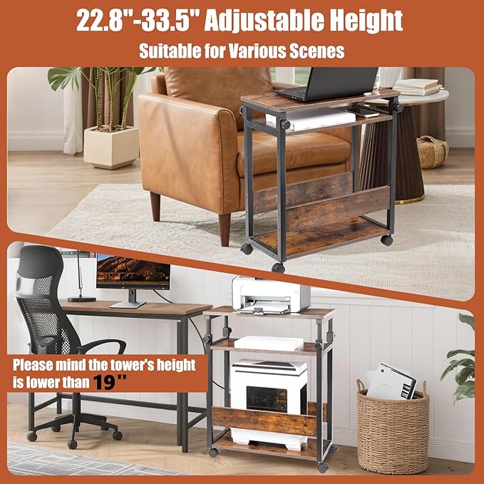 TooCust Height Adjustable Computer Tower Stand, Computer & Machine Carts, PC Tower Stand, Printer Stands with Wheels, 24" W x 12" D x 23"-38" H, Holds Up to 132 lbs (Fits Tower Lower Than 19")