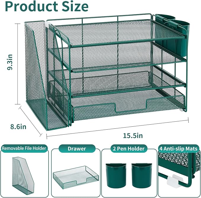 OPNICE Desk Organizer, 4-Tier Desktop File Organizer with Drawer and 2 Pen Holders, Office Desk Accessories, File Sorters, Workspace Organizers for Office Supplies(Dark Green)