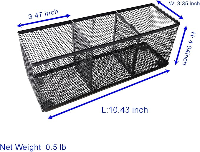 Pencil Holder, Metal Mesh Pen Holder Desk Organizer 3 Compartments for Office School Home Supplies or Accessories,Kitchen Utensil,Small 10.43 x 3.3 x3x4 inch, Black(2pc pack)
