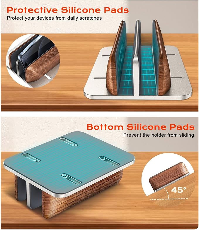 Vertical Laptop Stand, Walnut Dual Laptop Holder with Adjustable Aluminum Alloy Base Laptop Stand Compatible with All MacBok/Surface/Samsung/HP/Dell/Chrome Book (Silver)