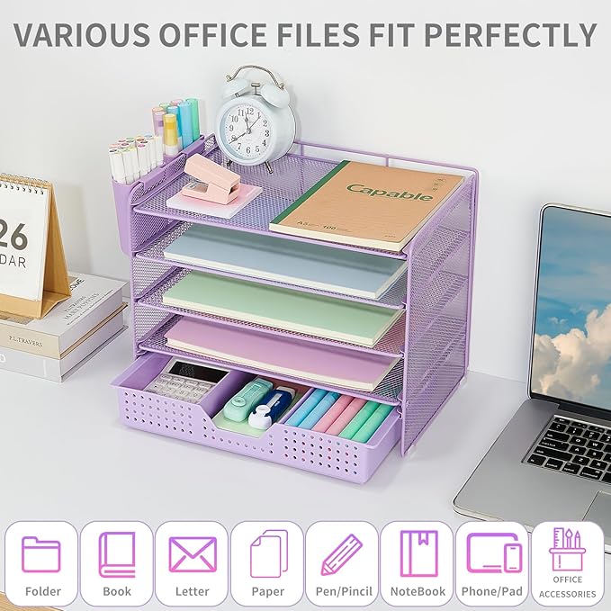Desk Organizer and Accessories, 5-Tier Paper Letter Tray Organizer with Drawer & 2 Pen Holders for Desktop File Organization, Office Desk Accessories for Supplies Storage (Purple)