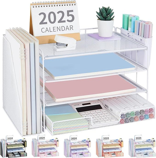 OPNICE Desk Organizer, 4-Tier Desktop File Organizer with Drawer and 2 Pen Holders, Office Desk Accessories, File Sorters, Workspace Organizers for Office Supplies(White)