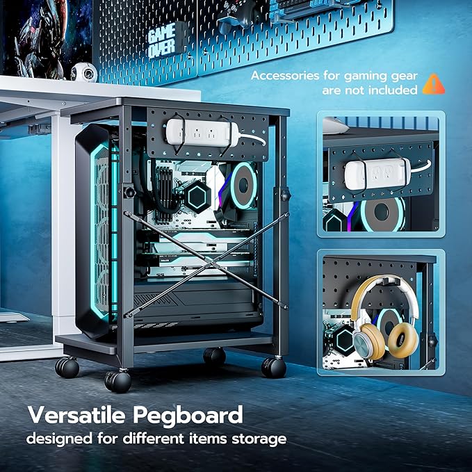 ARES WING Height Adjustable Computer Tower Stand, 2-Tier PC Tower Stand for Most PC, CPU Holder Cart with Locking Wheels for Gaming Home Office, 21.7"-33.5" Height