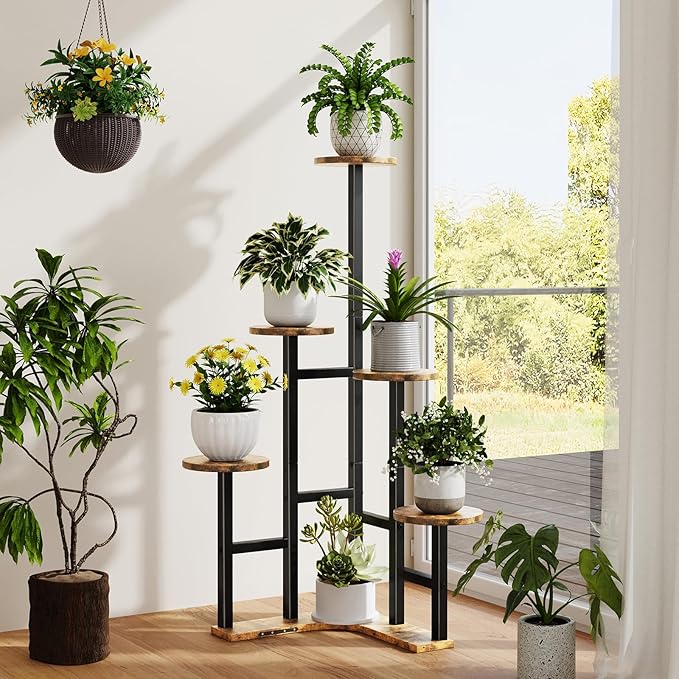 Corner Plant Stand Indoor, 6 Tiered Corner Plant Shelf Flower Stand for Multiple Plants, Plant Shelves Organizer Rack for Living Room, Balcony, Patio, Garden, Round Rustic Brown