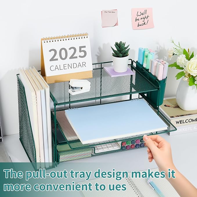 OPNICE Desk Organizer, 4-Tier Desktop File Organizer with Drawer and 2 Pen Holders, Office Desk Accessories, File Sorters, Workspace Organizers for Office Supplies(Dark Green)