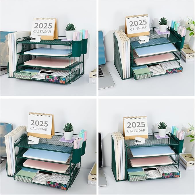 OPNICE Desk Organizer, 4-Tier Desktop File Organizer with Drawer and 2 Pen Holders, Office Desk Accessories, File Sorters, Workspace Organizers for Office Supplies(Dark Green)