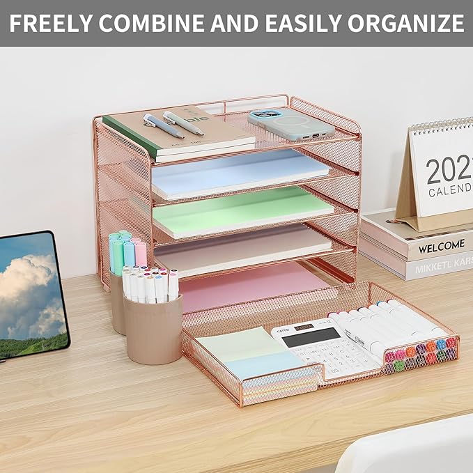 Desk Organizer and Accessories, 5-Tier Paper Letter Tray Organizer with Drawer & 2 Pen Holders for Desktop File Organization, Office Desk Accessories for Supplies Storage (Rose Gold)