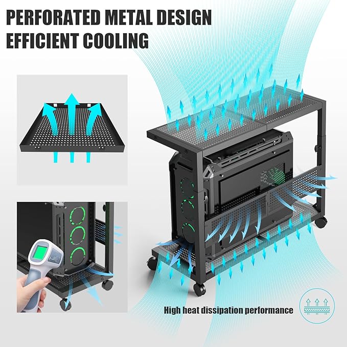 Moricher Computer Tower Stand - Height Adjustable 2-Tier ATX-Case PC Stand Printer Rack Pegboard with Rolling Wheels & Mousepad for Home Office Gaming Accessories