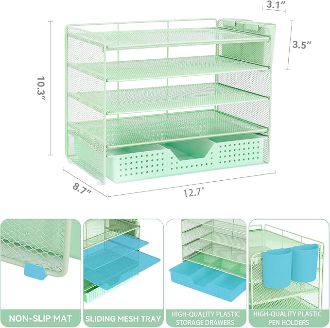 Desk Organizer and Accessories, 5-Tier Paper Letter Tray Organizer with Drawer & 2 Pen Holders for Desktop File Organization, Office Desk Accessories for Supplies Storage (Green)
