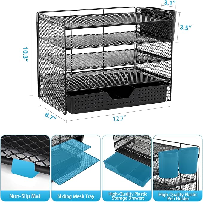 Desk Organizer and Accessories, 5-Tier Paper Letter Tray Organizer with Drawer & 2 Pen Holders for Desktop File Organization, Office Desk Accessories for Supplies Storage (Black)