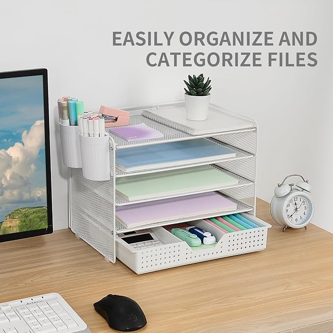 Desk Organizer and Accessories, 5-Tier Paper Letter Tray Organizer with Drawer & 2 Pen Holders for Desktop File Organization, Office Desk Accessories for Supplies Storage (White)