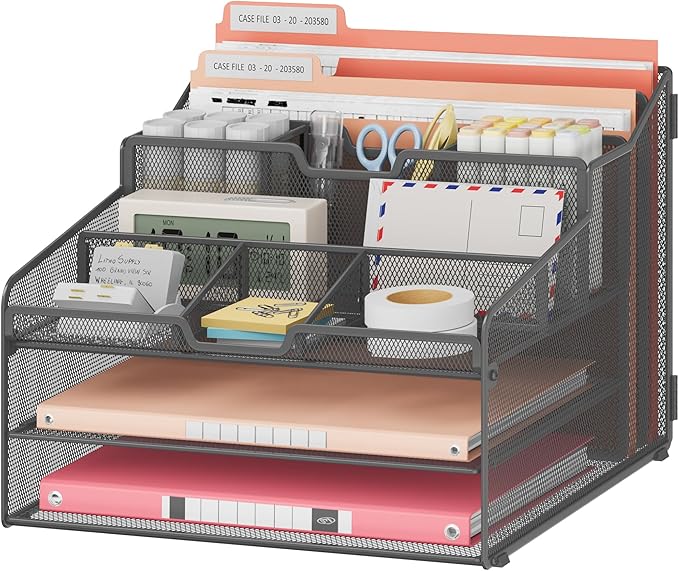 Lavatino Desk Paper File Organizer - Metal Mesh with 2 Letter Trays, 7 Flexible Dividers, 2 Vertical File Folder Holders for Office/Home/Classroom Supplies, Desk Organizers and Accessories, Grey