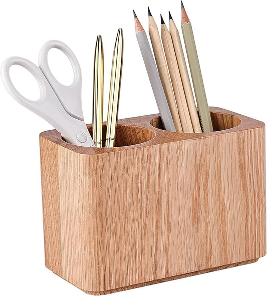 Oak Solid Wood Pen &Pencil Holder for Desk, Office Stationery Organizer, Table Pencil Cup Stand,Desk Accessories Holder, Two Cups Practical Design. (Nature Oak)