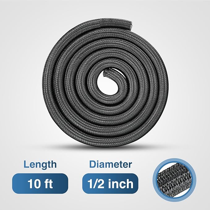 Nilight Cable Sleeve, 10ft-1/2inch Cord Management Sleeves, Braided Sleeving, Split Self Wrapping Wire Loom for Computer Electrical Automotive Harness Protector Organizer, Black