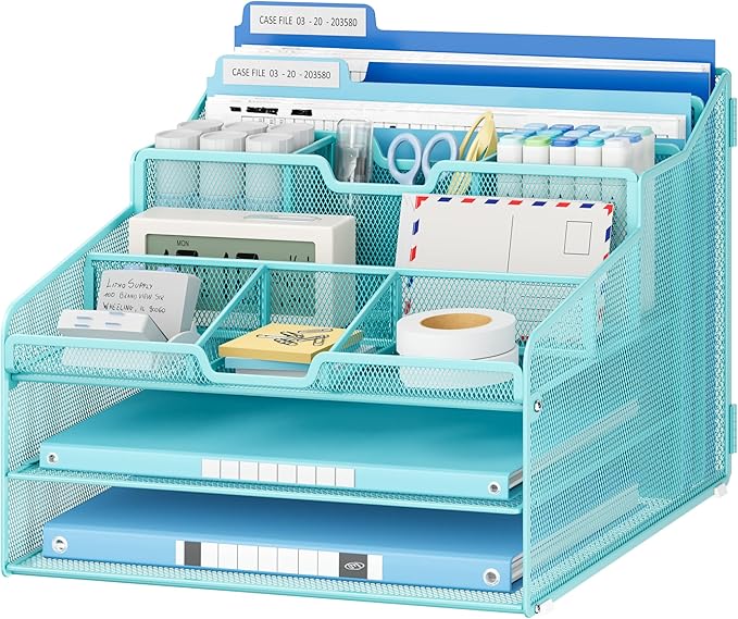 Lavatino Desk Paper File Organizer - Metal Mesh with 2 Letter Trays, 7 Flexible Dividers, 2 Vertical File Folder Holders for Office/Home/Classroom Supplies, Desk Organizers and Accessories, Blue