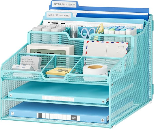 Lavatino Desk Paper File Organizer - Metal Mesh with 2 Letter Trays, 7 Flexible Dividers, 2 Vertical File Folder Holders for Office/Home/Classroom Supplies, Desk Organizers and Accessories, Blue