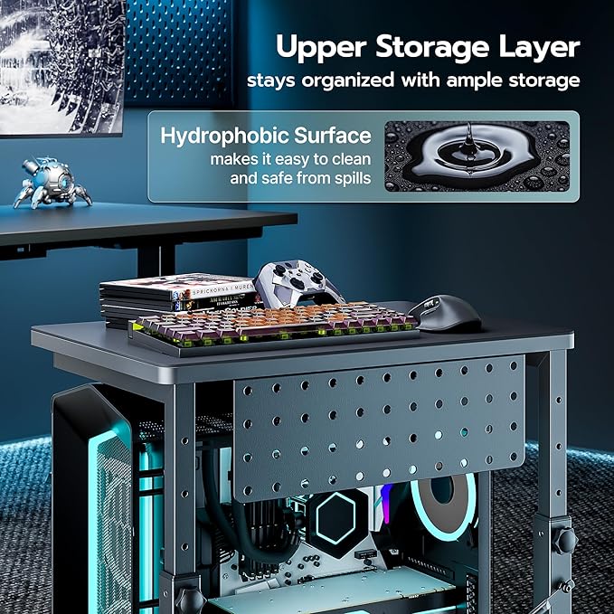 ARES WING Height Adjustable Computer Tower Stand, 2-Tier PC Tower Stand for Most PC, CPU Holder Cart with Locking Wheels for Gaming Home Office, 21.7"-33.5" Height