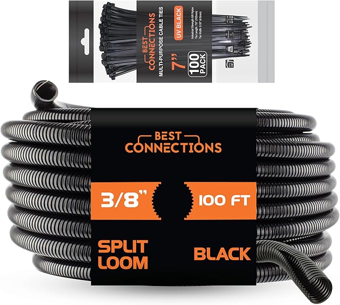 BEST CONNECTIONS 100 Ft – 3/8" Diameter Split Wire Loom Flex-Guard Convoluted Tubing with 100 Pcs 7" Nylon Cable Zip Ties Protective Split Cable Sleeves for Automotive Home Electrical Wires Black