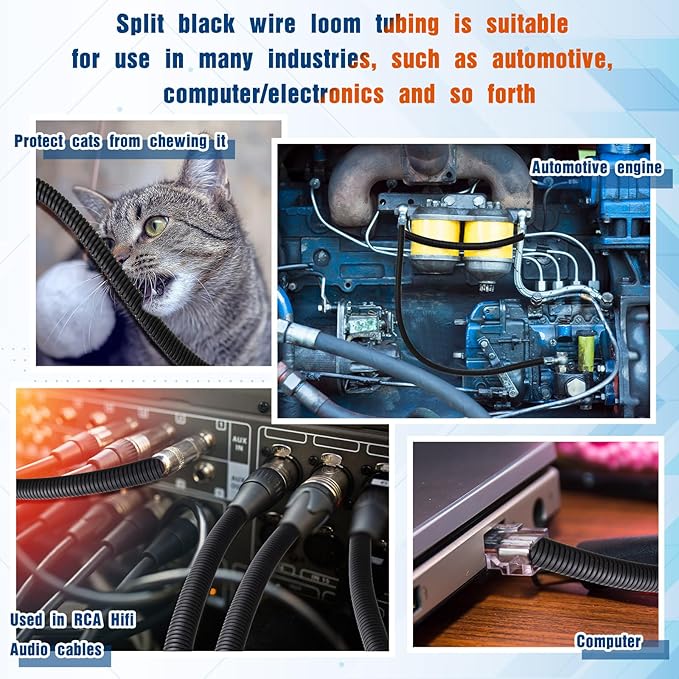 Sasylvia 1/4, 3/8, 1/2, 3/4'' X 10 ft Split Wire Loom Cord Protector Tubing Split Conduit Protector Tubing Convoluted Tube Flexible Electrical Wire Cover Protective Sleeves(Black)