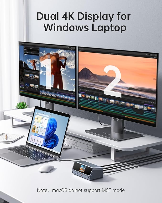 Selore 13-in-1 Laptop Docking Station with 2.26" LCD Display, 160W Max Output, Dual 4K HDMI, 10Gbps USB A/C Ports, Gigabit Ethernet, 100W PD for MacBook, Dell, HP, Lenovo and More