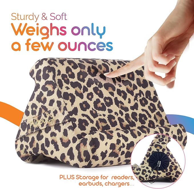 Flippy Original Tablet Pillow Stand & iPad Holder, Gift for Book Lovers & Readers, Multi-Angle Stand with Storage for Lap, Desk & Bed, Compatible with Kindle, Fire, iPad & Samsung, Def Leopard