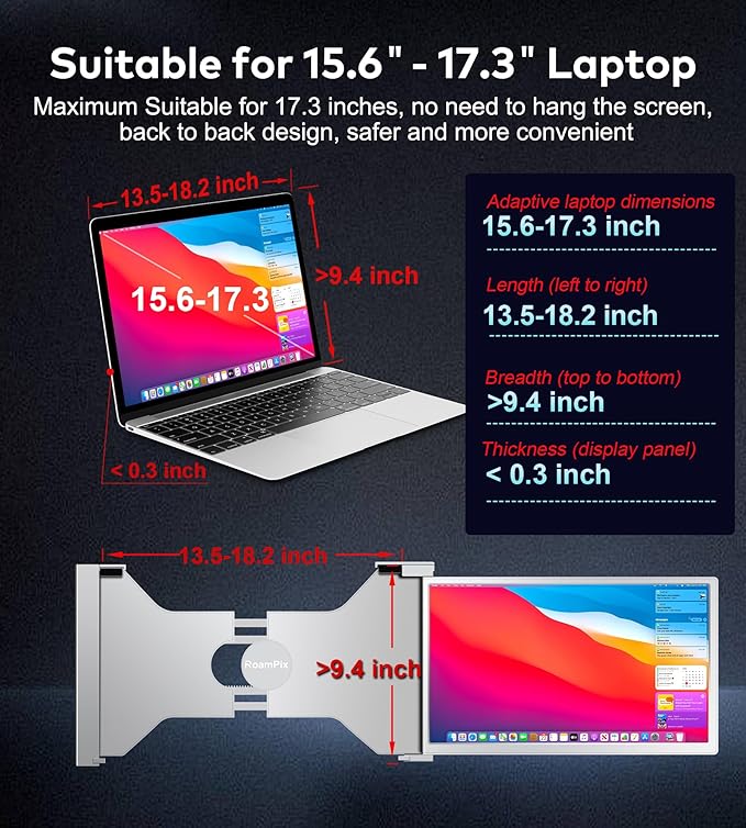 Laptop Screen Extender, 15.6" FHD 1080P IPS Portable Monitor for Laptop, Dual Monitor Extender for 13"-17.3" Laptops, Compatible with MacOS, Windows