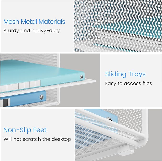 Lavatino Desk Paper File Organizer - Metal Mesh with 2 Letter Trays, 7 Flexible Dividers, 2 Vertical File Folder Holders for Office/Home/Classroom Supplies, Desk Organizers and Accessories, White