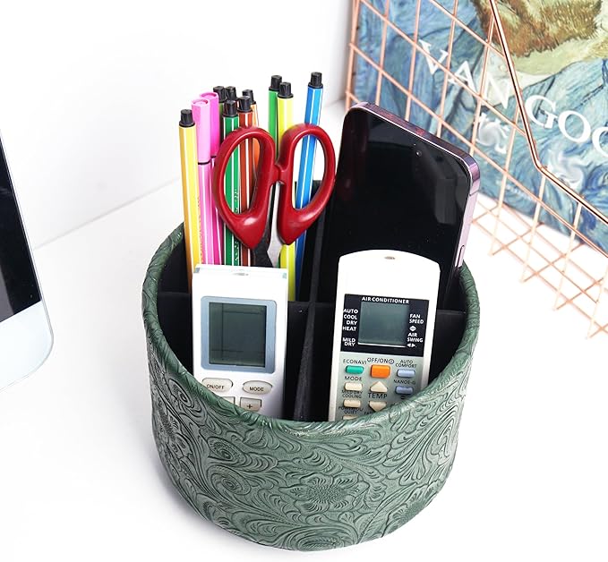 lizimandu Round Leather Art Supply Organizer,Remote Control Holder,360 Degree Spinning,Multi-Functional Pencil Holder,4 Compartments Desktop Stationary Organizer(1-Carved Cooper Green)