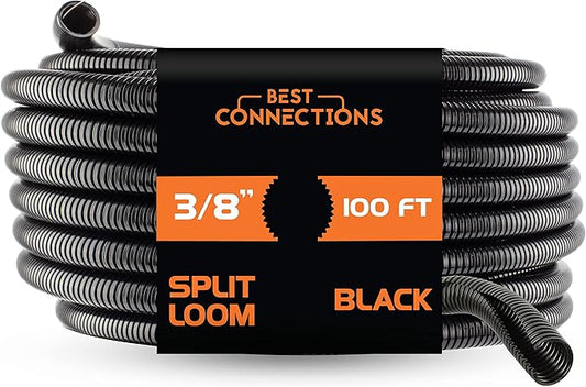 BEST CONNECTIONS Split Wire Loom Flex-Guard Convoluted Tubing Protective Split Cable Sleeves for Auto Home Industrial Electrical Wires Chemical Resistant Conduit Black (3/8" - 100 ft)