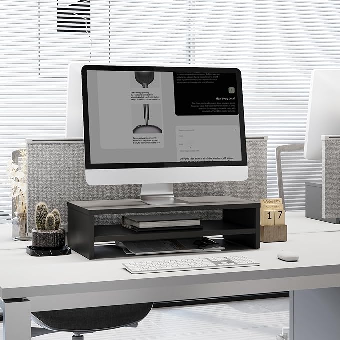 FITUEYES Monitor Stand - 2 Tier Computer Monitor Riser with 21.3 Inch Shelf, Wood Desktop Stand for Laptop Computer Screen, Desk Organization, Office Supplies