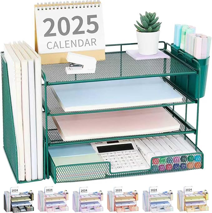 OPNICE Desk Organizer, 4-Tier Desktop File Organizer with Drawer and 2 Pen Holders, Office Desk Accessories, File Sorters, Workspace Organizers for Office Supplies(Dark Green)