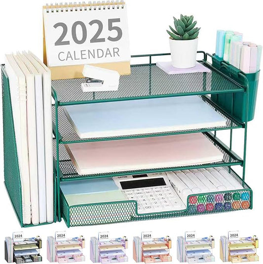 OPNICE Desk Organizer, 4-Tier Desktop File Organizer with Drawer and 2 Pen Holders, Office Desk Accessories, File Sorters, Workspace Organizers for Office Supplies(Dark Green)