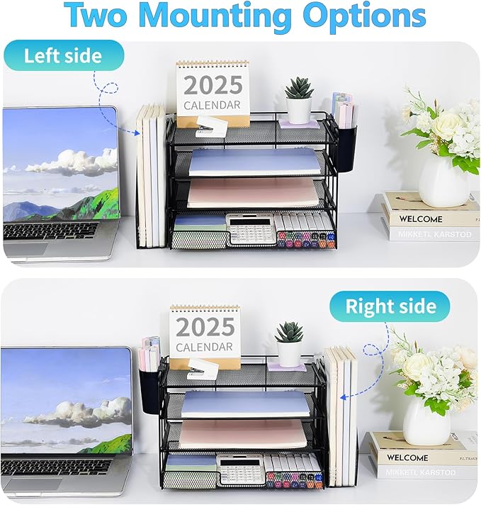 OPNICE Desk Organizer, 4-Tier Desktop File Organizer with Drawer and 2 Pen Holders, Office Desk Accessories, File Sorters, Workspace Organizers for Office Supplies(Black)