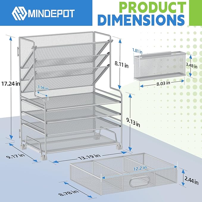 4-Tier Paper Organizer + 3-Pocket File Holder + Drawer + Pen Holders, Desktop File Organizers Paper Tray for Office Supplies School Classroom Organization (Silver, with Drawer & Pen Holder)