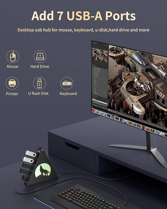 7-Port USB 3.0 Hub, Vertical USB Hub Splitter with RGB Lighting,5Gbps High-Speed Data Transfer and 2FT Extension Cable, Compatible with PC, MacBook, Laptop, PS5, Xbox, Flash Drive, Printer