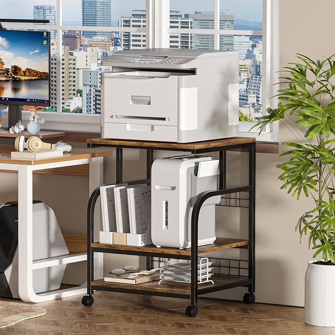 Lerliuo Large Printer Stand with Storage, 23.6"W x 18.9"D x 30.2"H, 5-Adjustable Shelf Heights Mobile 3 Tier Table with Lockable Wheels, Industrial Rolling Printer Cart, Brown Stands for Home Office