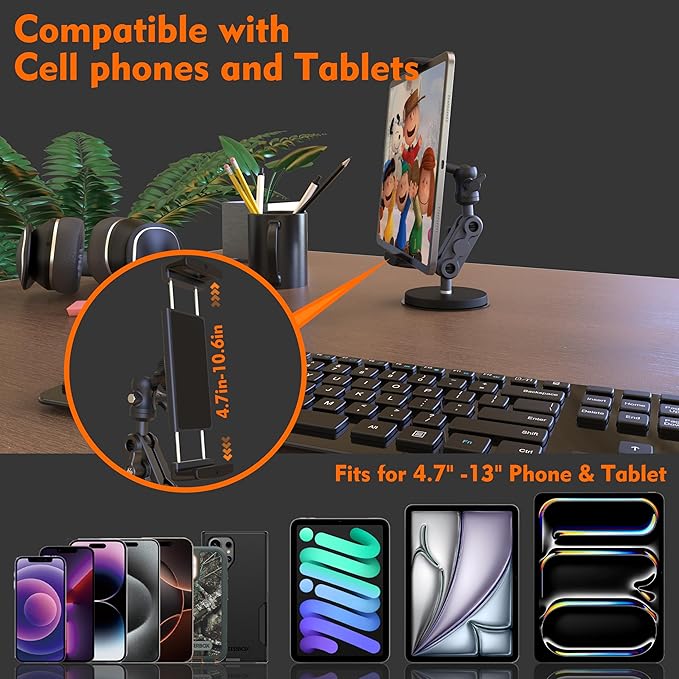 Universal Magnetic Tablet Holder 360°Adjustable 7.7" Aluminum Heavy Duty Arm 3.5" Magnetic Base for Fridge Whiteboard Gym Warehouse Kitchen Fits 4-13" Tablets, Phones