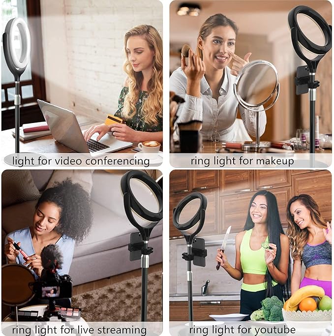 8 inch Desk Ring Light with Stand, Adjustable Computer Circle Light for Video Conference Lighting, Zoom Calls, Virtual Meeting, Video Recording, Selfie Light with Phone Holder for Streaming, Podcast