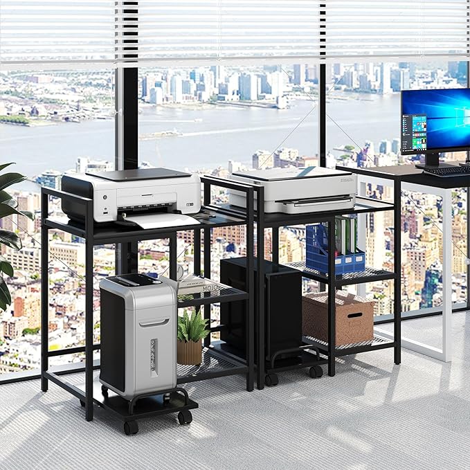 Giantex 3-Tier Printer Stand with Charging Station, 2 Open Storage Shelves, Side PC Stand on Wheels, 25" x 16" Mobile Printer Table for Computer Tower, Printer Shredder, Fax, Under Desk, Home Office